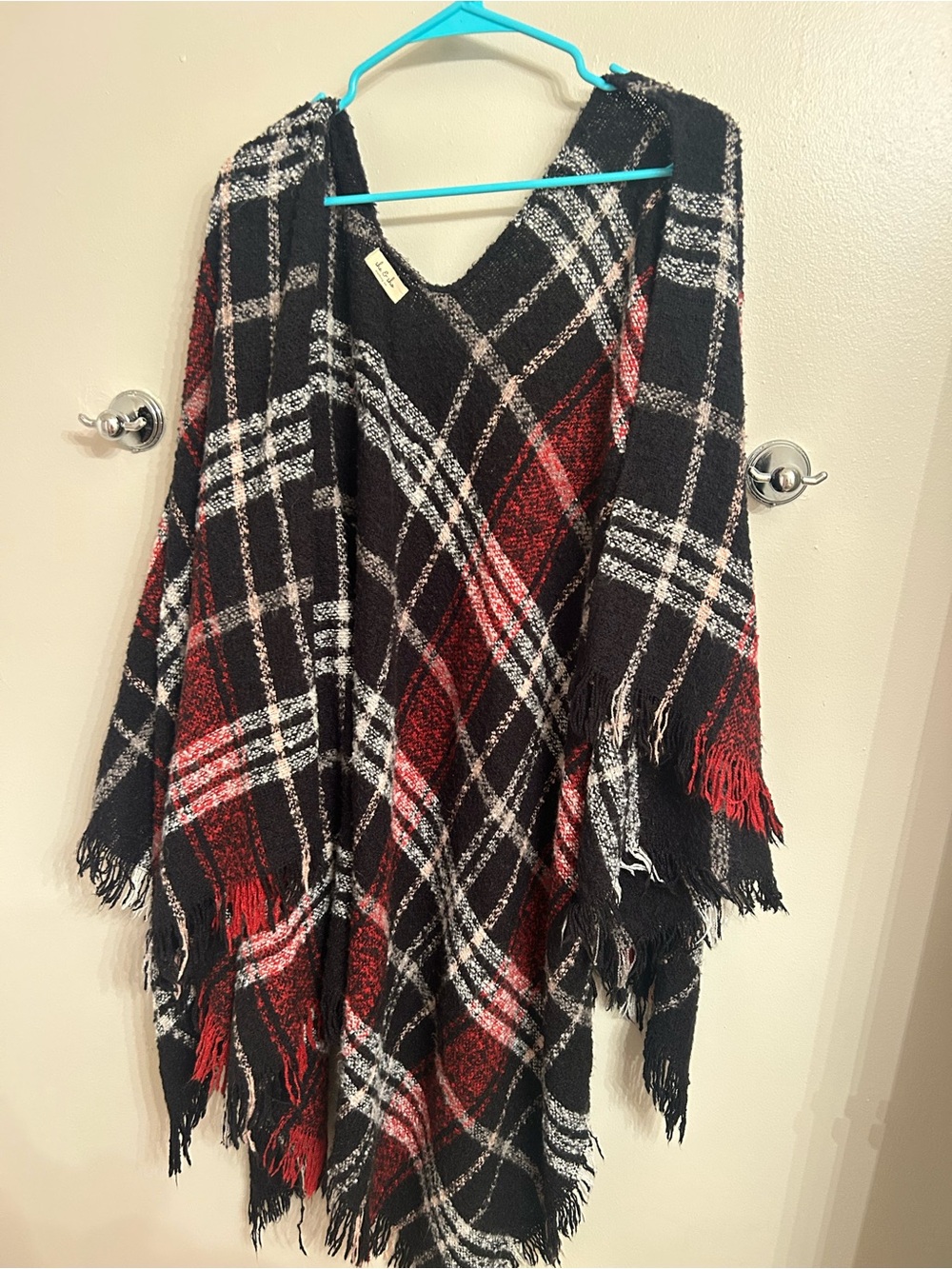 Tartan Fringe Poncho Sweater - Black & Red